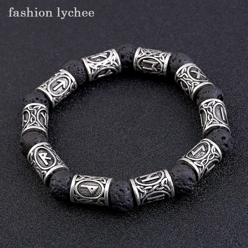 Мужской браслет lychee Rune черный из вулканической лавы с металлическими бусинами