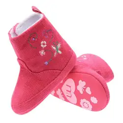 Супер теплая зима для новорожденных Обувь для девочек shoesr мягкой подошве красный цветок Ботинки с вышивкой