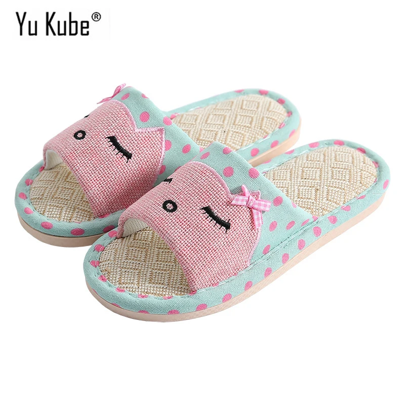 

Yu Kube Flax cloth Home Slippers 2019 New Open Toe Indoor Floor Printing linen slippers women Comfortable House Shoes for eye