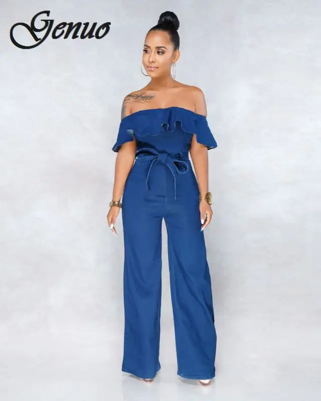 New Denim Rompers Womens Jumpsuit 2019 Summer Sexy Slash Neck Off Shoulder Ruffles Playsuit Plus Size Wide Leg Pants Overalls New Denim Rompers Womens Jumpsuit 2019 Summer Sexy Slash Neck Off Shoulder Ruffles Playsuit Plus Size Wide Leg Pants Overalls