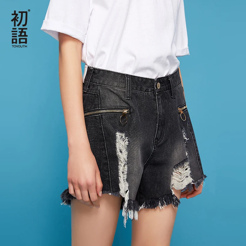 

Toyouth 2019 Summer Vintage Jeans Shorts Women Washed Hole Tassel Denim Shorts Zippers Pocket Causal Straight Shorts for Female