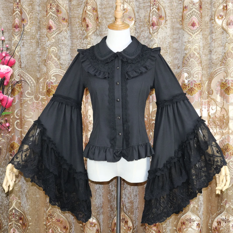 Retro Victorian Chiffon Blouse Long Flare Sleeve Ruffled White/Black Lolita Shirt