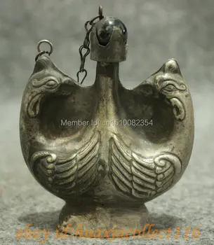 

Old Collect Tibet Miao Silver 2 Peacock Phoenix Head Statue Snuff Box Bottle