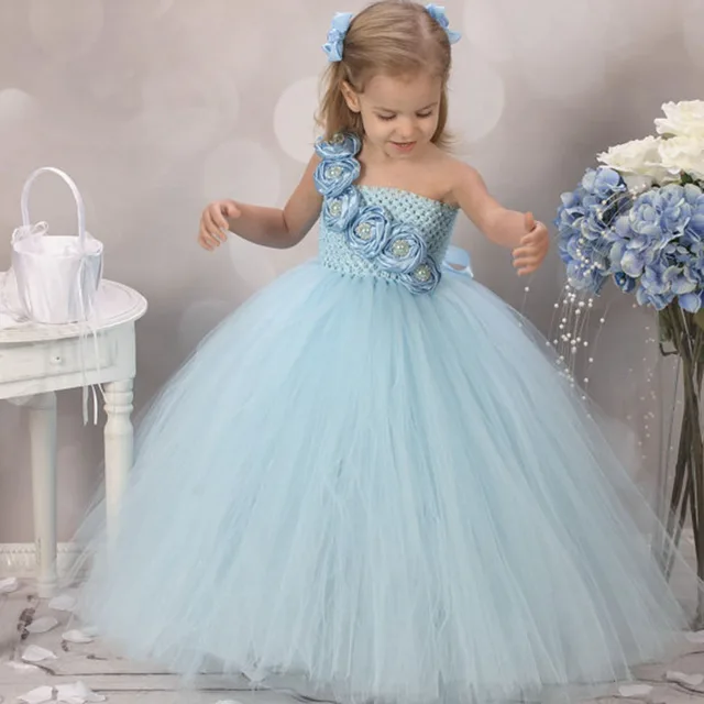 Posh Dream Blue Dress Flower Causal Baby Tutu Posh Dream Blue Dress Flower Causal Baby Tutu Birthday Wedding Performance Kids Clothing