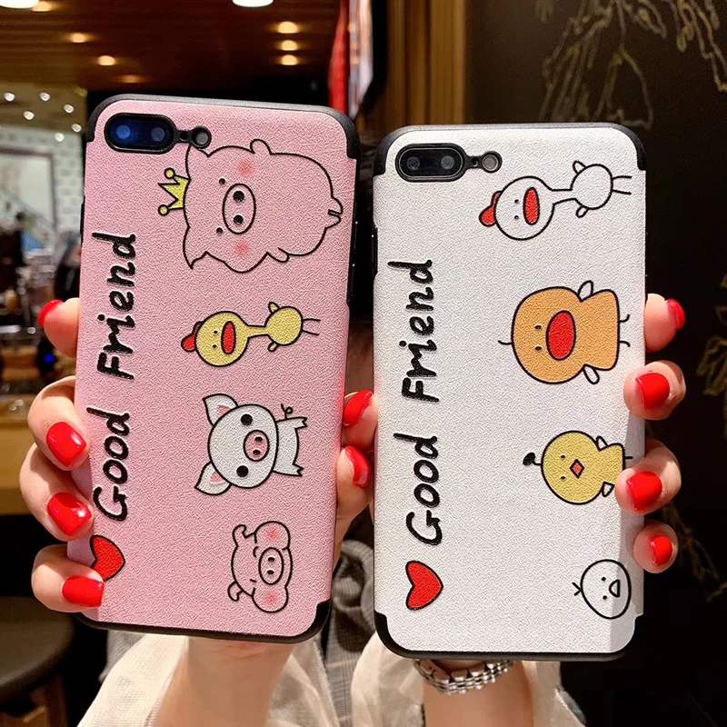 

Cute Cartoon Good Friend Duck Pig Case for iPhone 8 7 6S Plus Emboss Soft Silicon Cover Funda for iPhone X XS Max XR Capa Hoesje