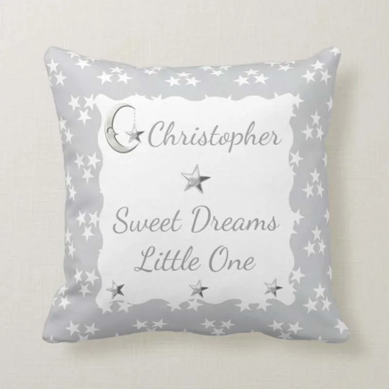 Throw Pillow Cover Gray And White With Moon Stars And Baby Name