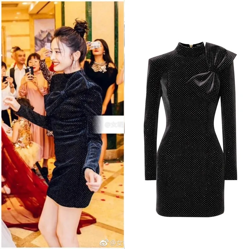 Мини платье с длинными рукавами и бантом высокой талией Vestido пикантная одежда