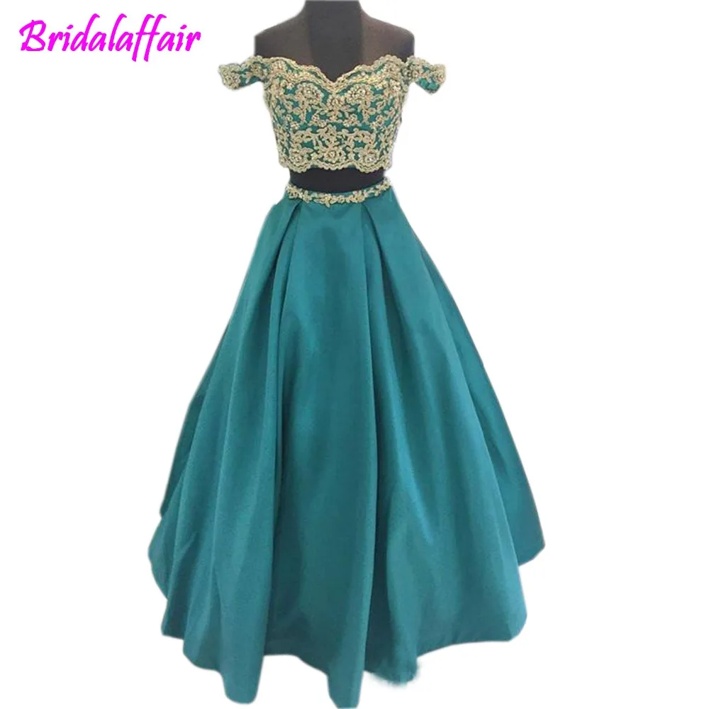 

2018 Off shoulder Gold Lace Appluque Long Two Pieces Short Sleeves Floor length Corset Back Evening Formal Pageant prom Dress