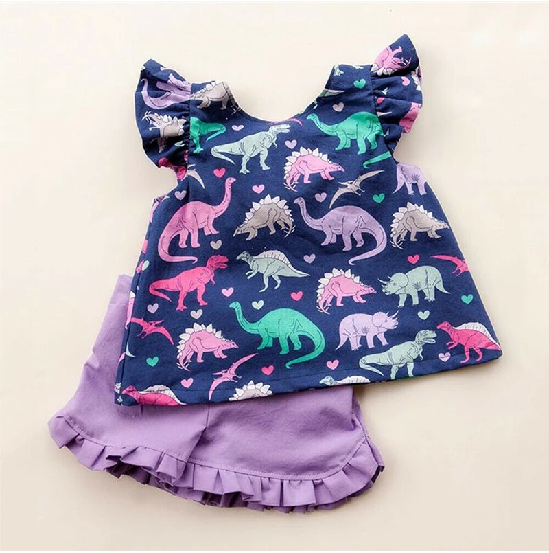 0-4T комплект одежды с рисунком динозавра для маленьких девочек, топы с короткими рукавами и оборками, футболка Короткие штаны, милые летние наряды