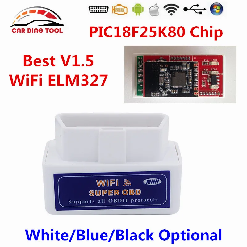 Prix pour Prix de gros Super OBD2 Scanner ELM327 WIFI Matériel V1.5 Supporte Android/iOS/Windows Avec PIC18F25K80 Puce ELM 327 Wi-Fi Prix pour Prix de gros Super OBD2 Scanner ELM327 WIFI Matériel V1.5 Supporte Android/iOS/Windows Avec PIC18F25K80 Puce ELM 327 Wi-Fi