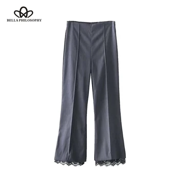 

Bella Philosophy 2018 spring women casual long length pants blue high waist female pants fashion lace zipper fly flare pants