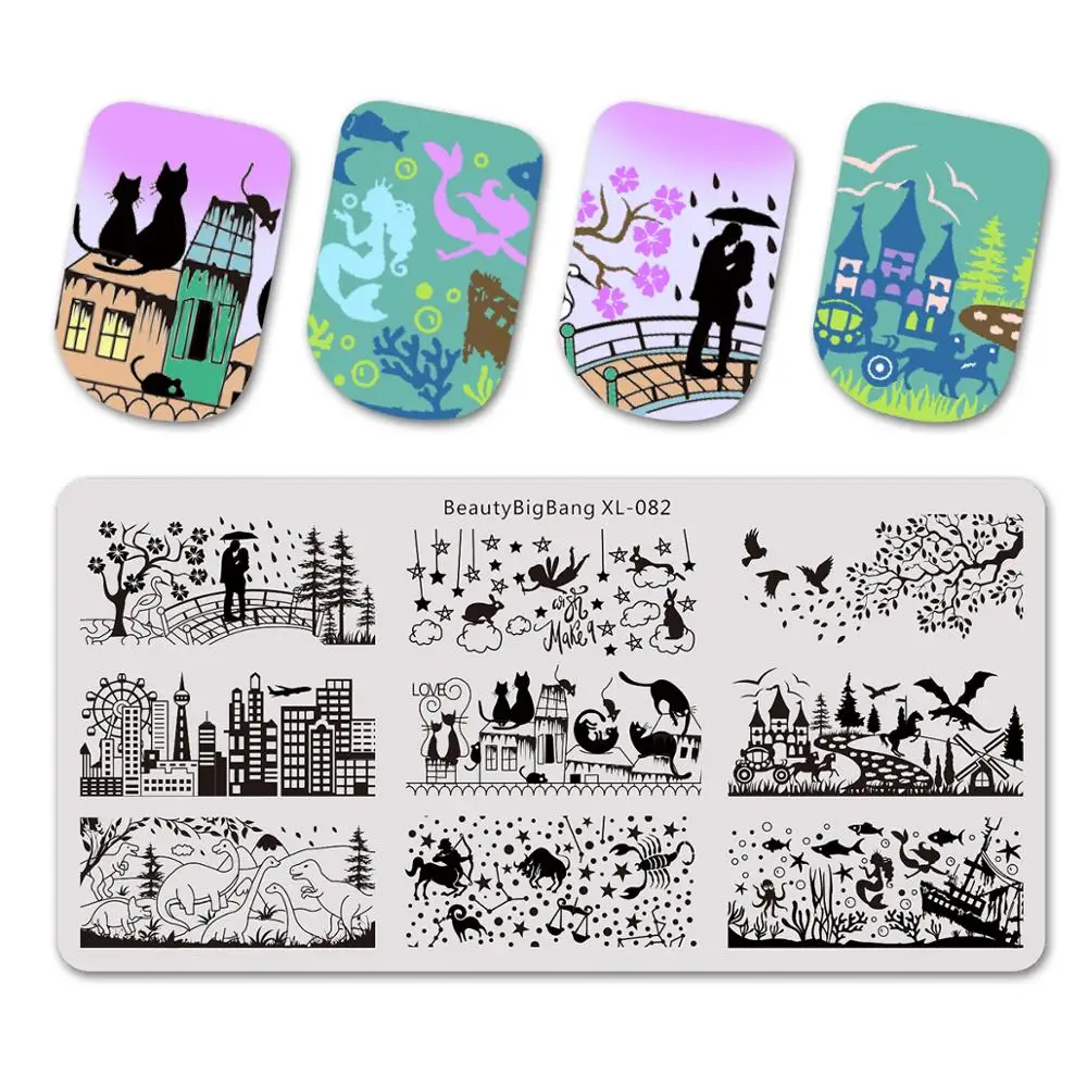 

Beautybigbang 6*12CM Stamping Plates Dinosaur Park Lover Star City House Printing Pattern XL-082 Nail Art Stamping Plate