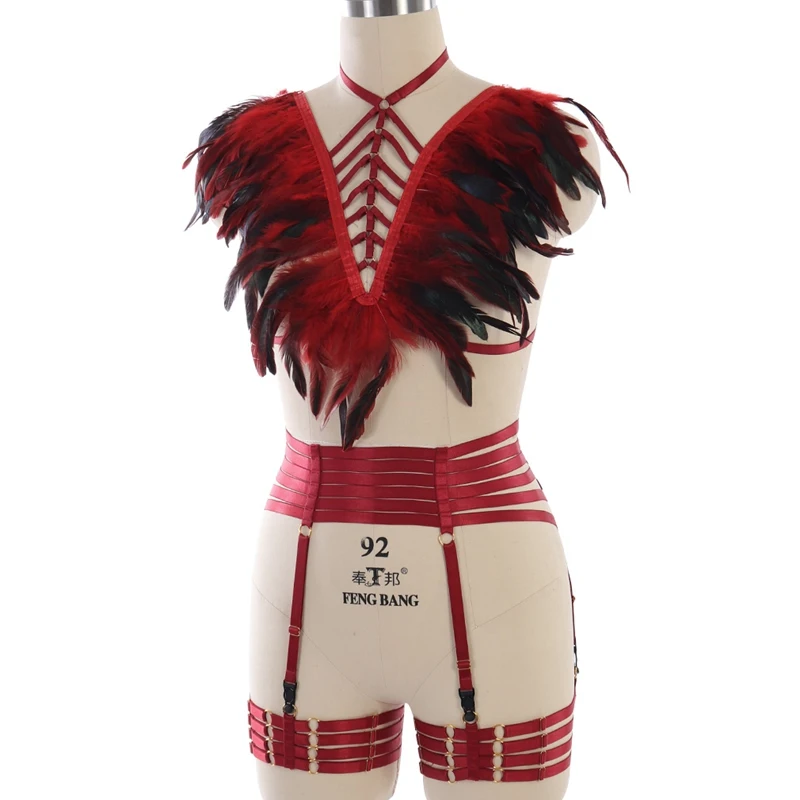 Murah Gothic Bulu Epaulettes Body Harness Menyesuaikan Pakaian Atasan Bahu Sayap Tinggi Pinggang Stoking Suspender Kaki Tali Garter Set