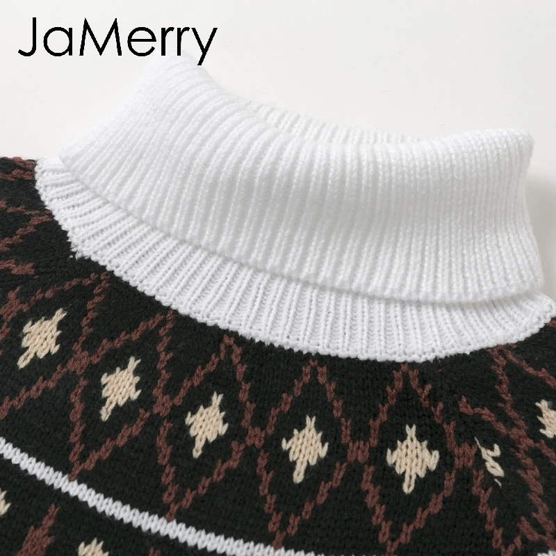 JaMerry, винтажное трикотажное платье с геометрическим принтом, повседневный пуловер с высоким воротом, платье-свитер, женское осенне-зимнее Ретро белое платье