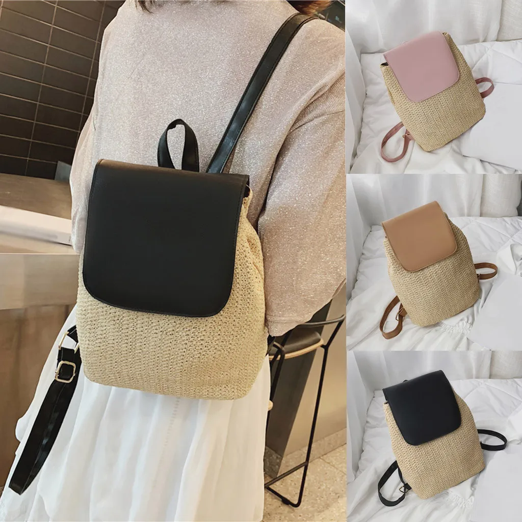 

MUQGEW Women Backpack Simple Straw Students Bag Weaving Printing Panelled Travel School Backpack Mochila Mujer Plecak 2019