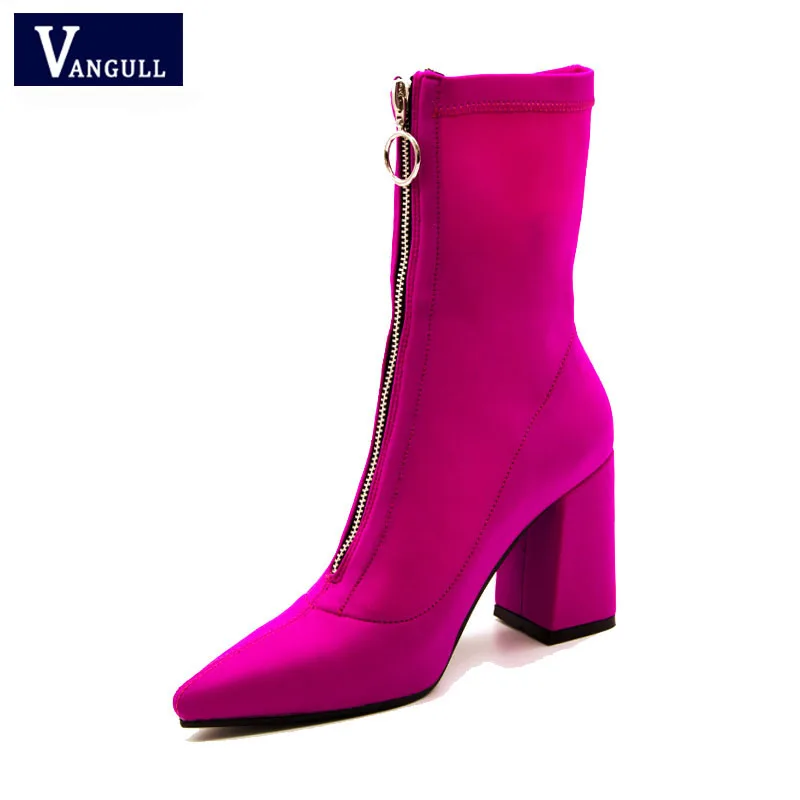 

2019 Autumn New Female Sexy Square heel Sock Booties Stretch Fabric Pointed Toe High Heels Ankle Boots Women Pumps Botas Mujer