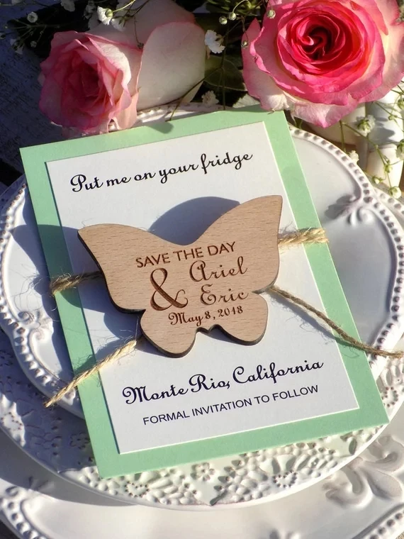 personalize names date engraved Wooden Card save the Wedding invitations Magnets Custom Butterfly Wood Magnet | Дом и сад