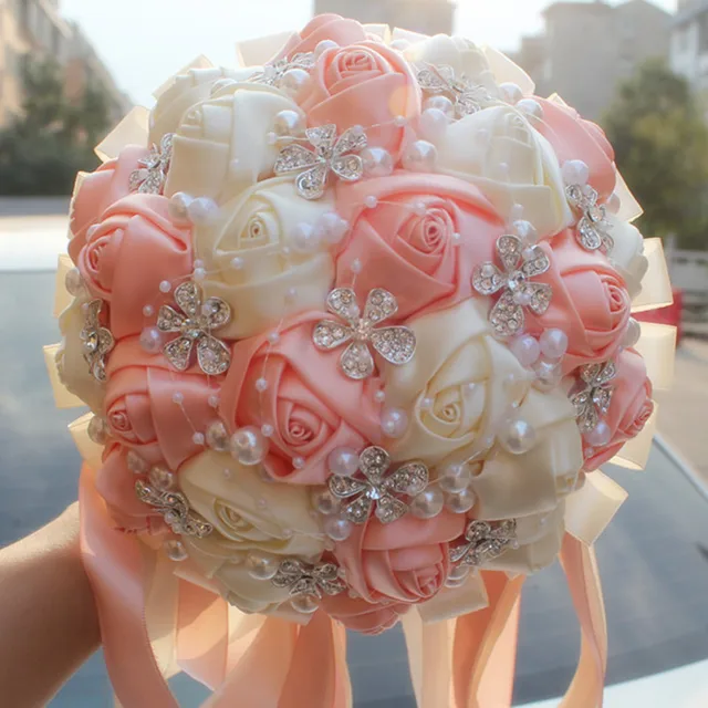 coral pink ivory champagne satin rose festival stitch bouquets