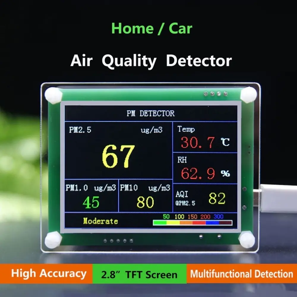 Автомобиль дома PM2.5 Датчик качества воздуха 2,8-дюймовый TFT Экран цифровой воздуха частиц Мера метр тестер AQI дома газоанализатор