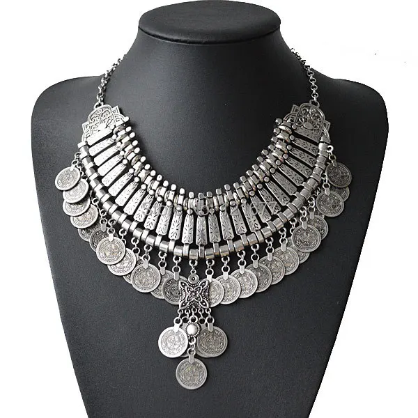 

Gypsy Bohemian Beachy Chic Coin Carving Flower Collares Statement Necklace Festival Silver Ethnic Turkish Coin India Tribal cc