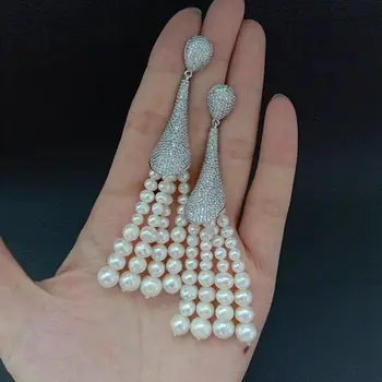 

3.7'' White Pearl Tassel Golden Plated CZ Earrings