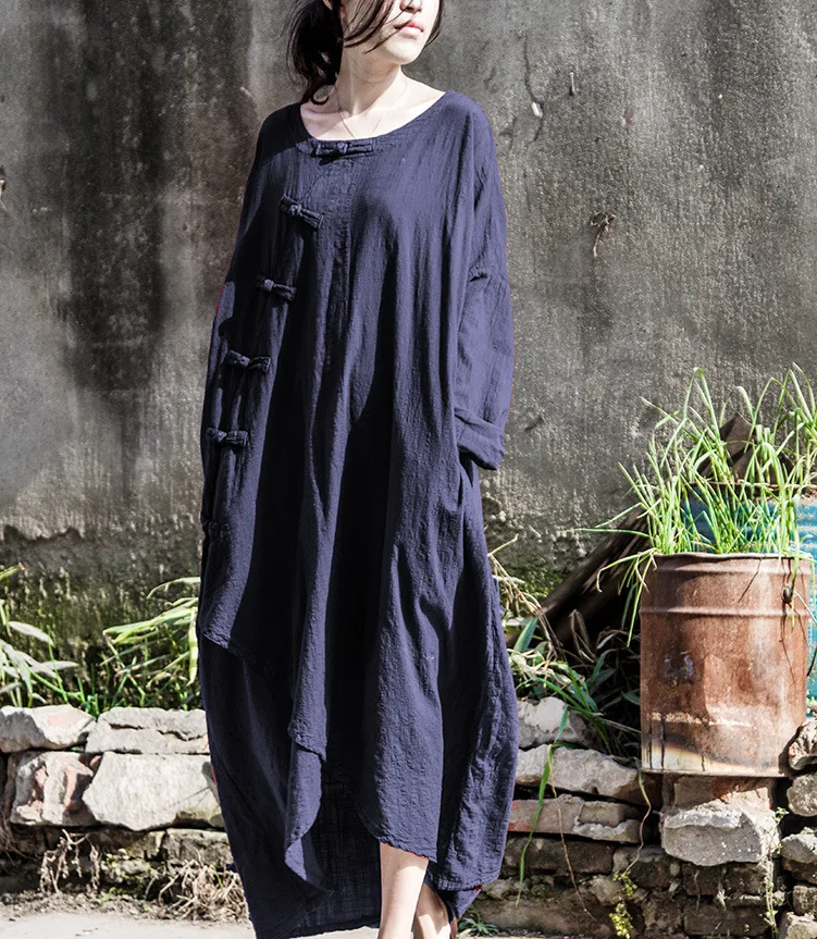 

Free shippling new cotton and linen long-sleeved irregular solid color loose dress S602