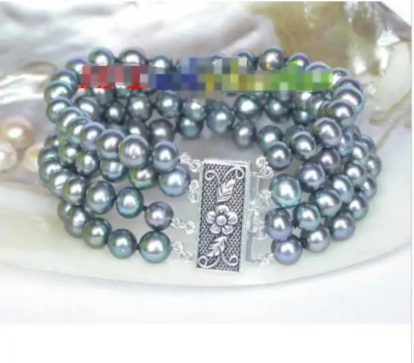 

Hot sale new Style >>>>>Genuine 8" 4row 8mm round peacock black pearls bracelet 925 silver clasp j7911