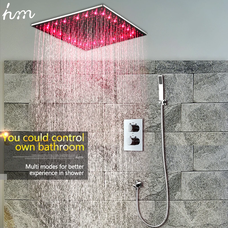 

Rainfall Water Temperature LED Shower Head Set 304 Stainless Steel 20 inch Square Overhead Shower Faucet for Bathroom