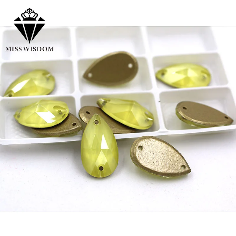 

New 11X18mm flatback glass double hole crystal sew on rhinestones Teardrop Yellow Mocha Flat buckle diy clothing accessories