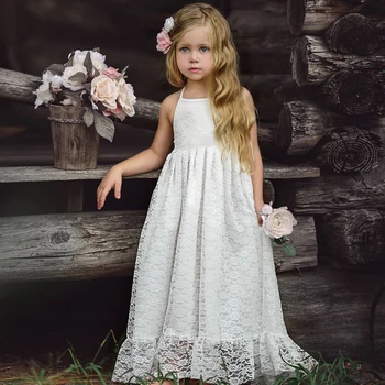 

1-7T Toddler Kid Baby Girl Clothes Halter Floral elegant Lace dress formal evening party Pageant Vestidos Infantil Sleeveless