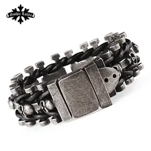 Широкий череп скелет кожаный браслет для мужчин с нержавеющая сталь манжета ткацкий станок бренды пряжки ремня
