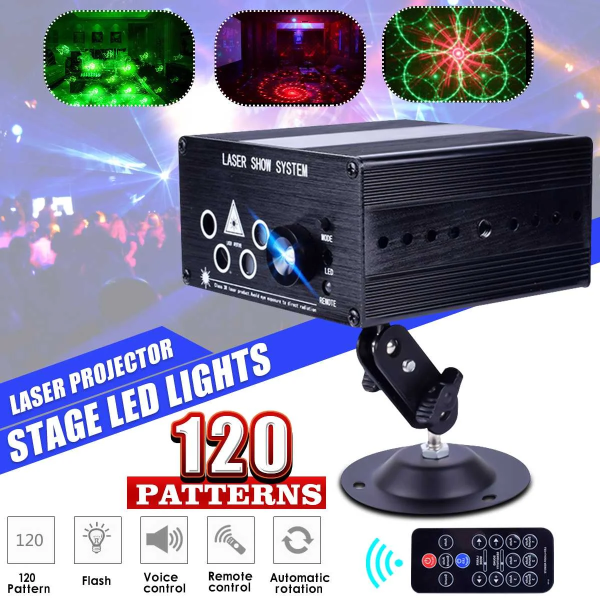 جهاز عرض ليزر ضوء 120 أنماط DJ ديسكو ضوء الموسيقى RGB المرحلة الإضاءة تأثير مصباح لعيد الميلاد KTV المنزل حزب