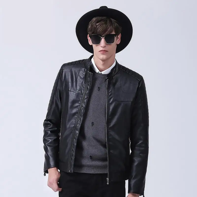 NEW Mandarin Collar Mens Leather Jacket black zipper Mens Leather