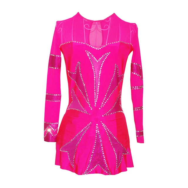 Best price at $141 Cheap Customized Costume Ice Figure Skating Gymnastics Dress Competition Adult Child Girl Performance Rose Red Rhinestone Stripes