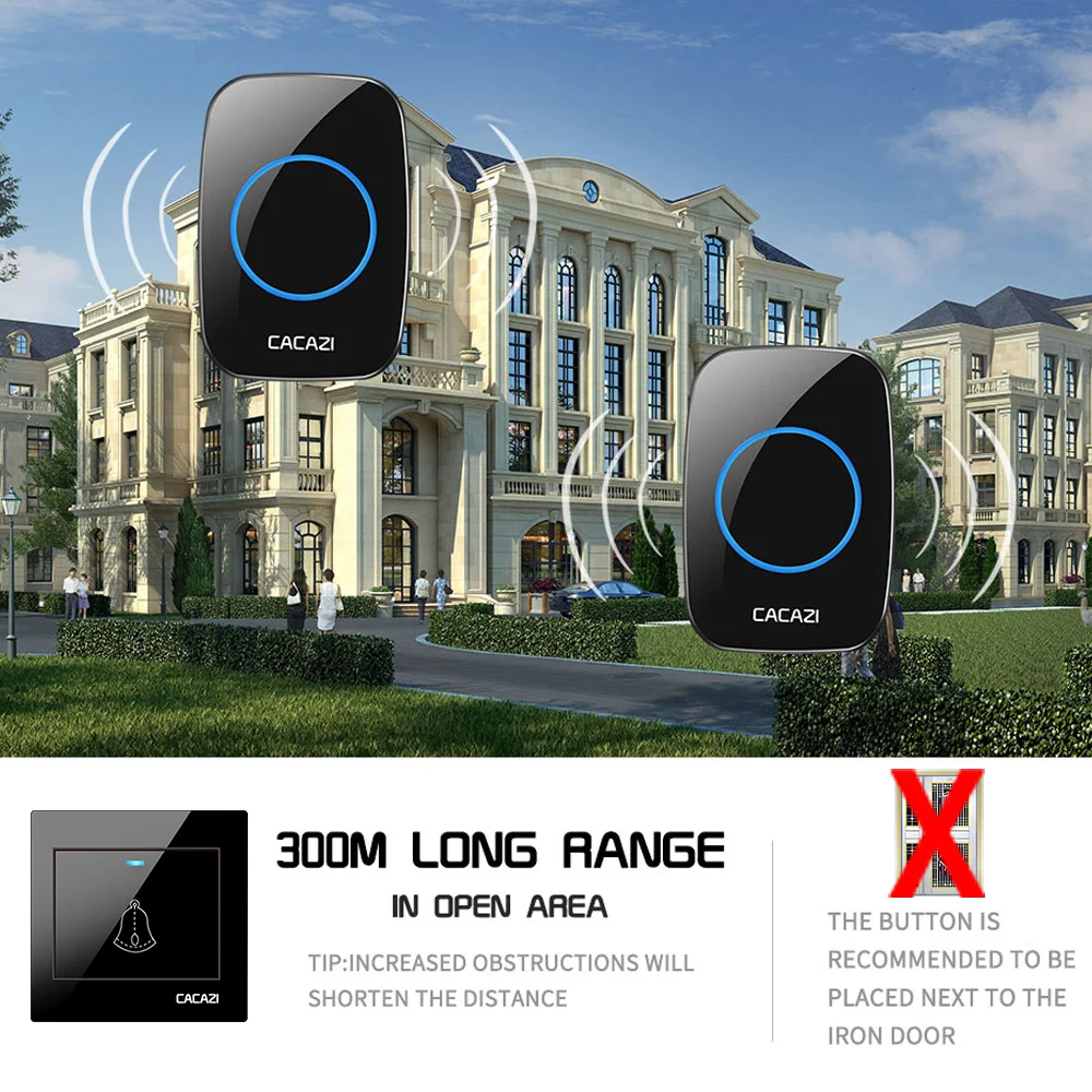 Wireless Doorbell Waterproof 60 chimes 5 Volume Home Cordless Door Ring Bell 220V US EU UK Plug 1 2 Button 1 2 3 Receiver