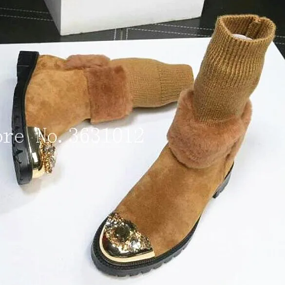 

2019 New Metal Round Toe Crystal Cap-Toe Women Boots Fur Socks Botte Femme Platform Flats Botines Mujer Runway Shoes Woman