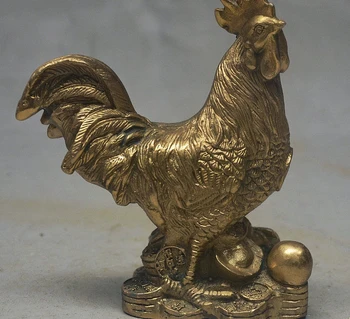 

4" China FengShui Brass Auspicious Wealth Zodiac Chicken On YuanBao Coin Statue