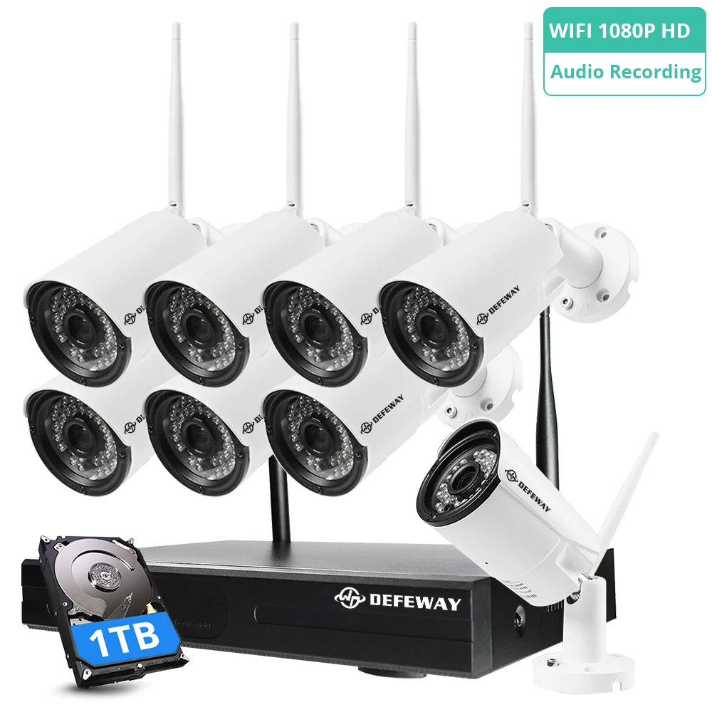 DEFEWAY беспроводная wifi камера с аудио 8CH 1080P HD NVR H.265+ домашний комплект видеонаблюдения 2.0MP 8 шт. wifi камера s 1 ТБ HDD