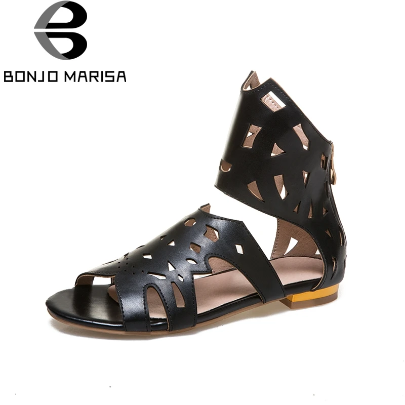 

BONJOMARISA Large Size 33-43 Fashion Hollow FLAT Heels Sandals Summer Shoes Woman Leisure Gladiator Women Shoes