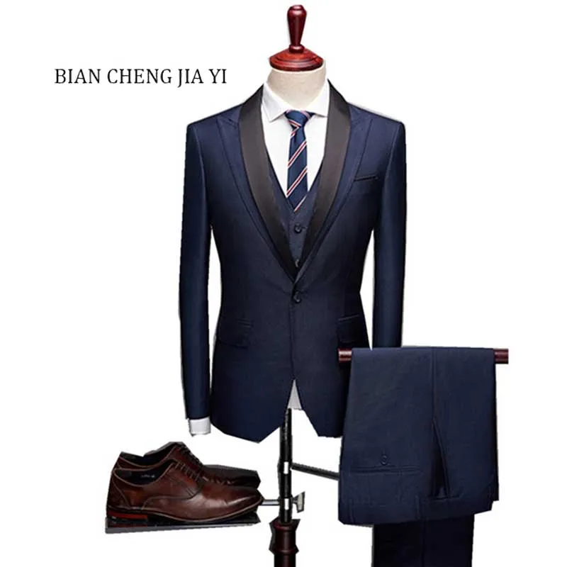 

Fashion Navy High quality Mens Wedding suits Formal Patchwork lapels Suits 3 Pieces Wedding Groom Tuxedos Prom Slim Fit suits