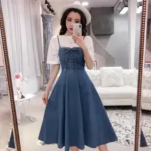 Vestido de verão jeans espaguete, sem mangas, com cadarço, slim, ae468
