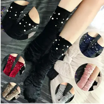 

Fashion Women Ladies Cute Princess Xmas Party Pearl Winter Ankle High Socks Velvet Thicken Warm Fluffy Floor Socks Sockken New