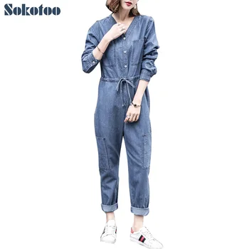 

Sokotoo Women's V neck long sleeve drawstring waist jumpsuits Blue light weight denim pockets cargo pants Overalls Jeans