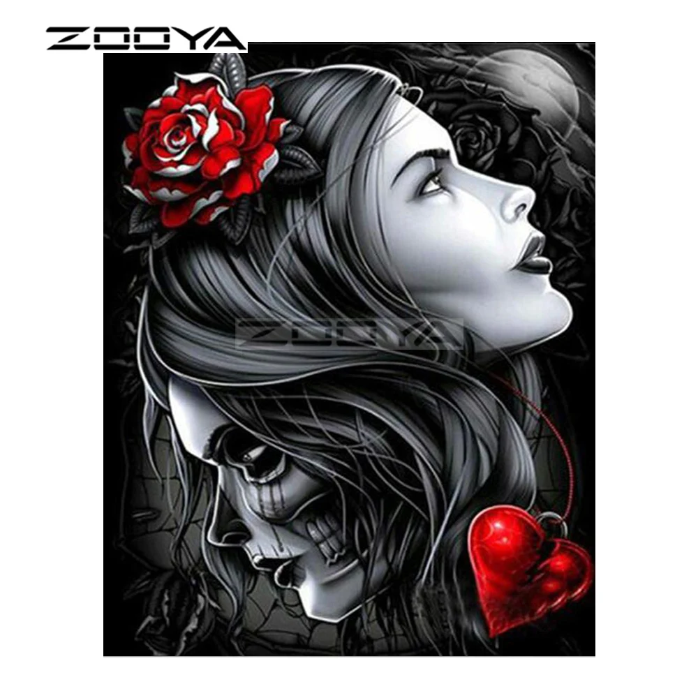 

ZOOYA 5D DIY Diamond Woman Two Faces Roses Heart-shaped Spide Diamond Painting Cross Stitch Square Drill Mosaic Decoration BK792