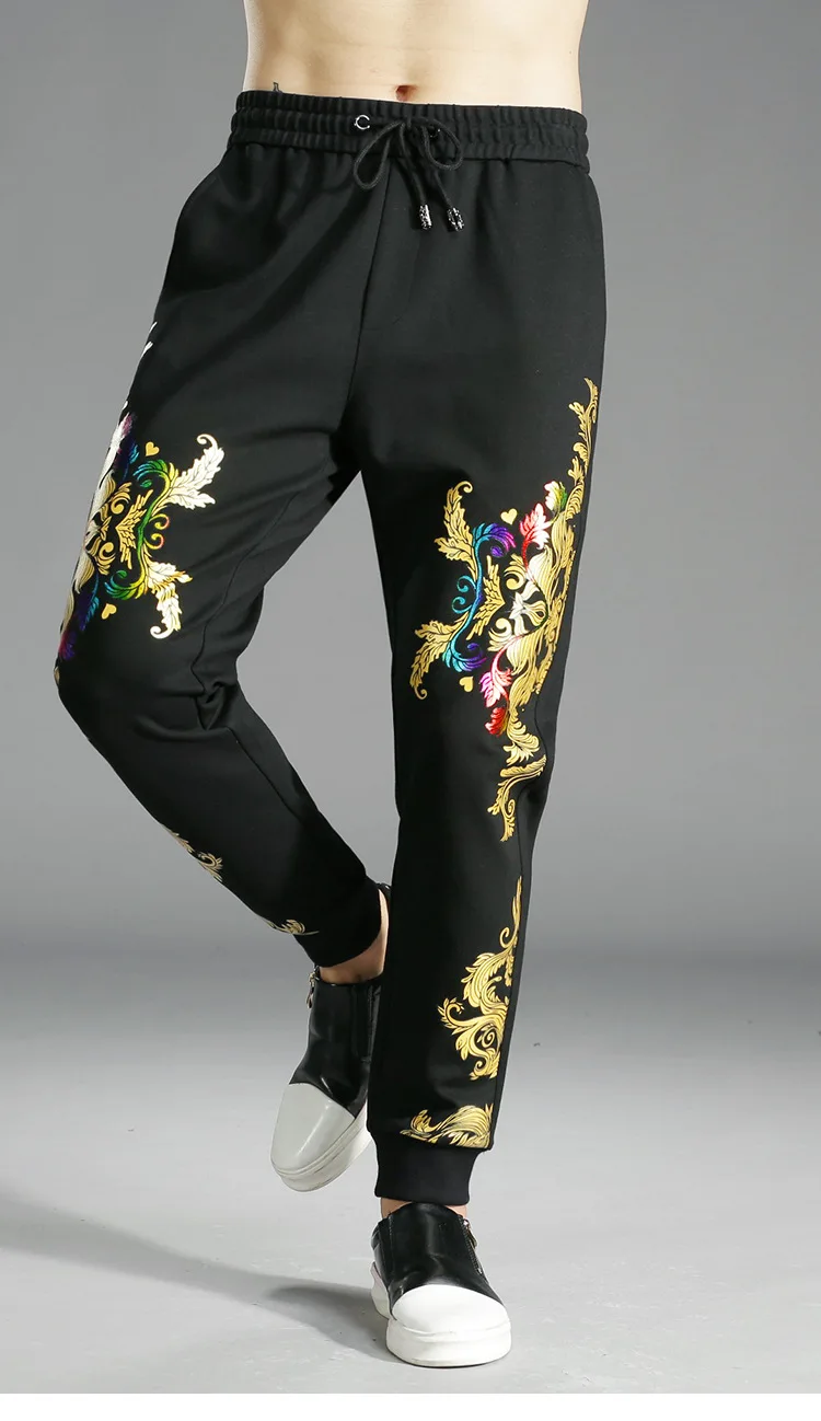 Осенне-зимняя модная спортивная одежда с золотым цветочным принтом, спортивные мужские штаны для бега, черные длинные брюки, повседневные штаны, мужские спортивные штаны