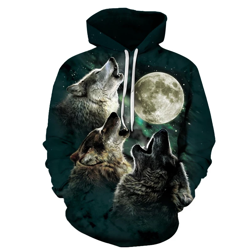 Wolf With Moon Pritned Men Women Hoodies