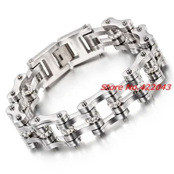 

9"*20mm Fashion Stainless Steel Bike Bracelet Men With White CZ Stone Bicycle Motorcycle Chain Link Silver color Bracelet