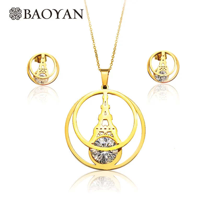 Fashion Gold Color Eiffel Tower With Pearl Stainless Steel Pendant And