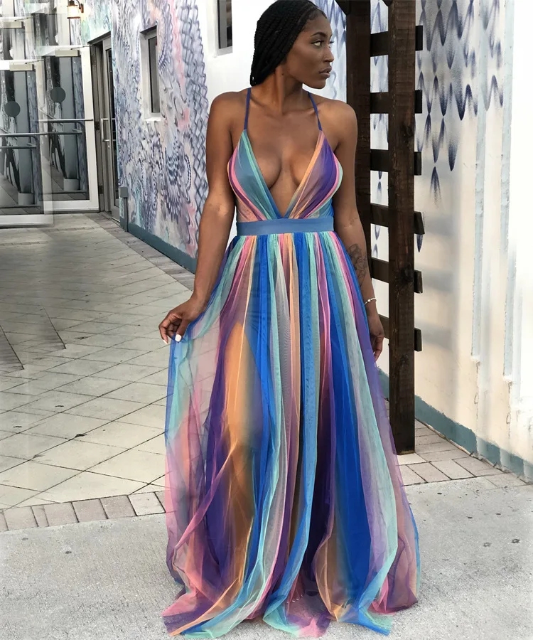 

2019 Women Summer Spaghetti Strap Chiffon Rainbow Color Stripes Deep V-neck Pleated Maxi Dress Floor Length Sexy Beach DF0612