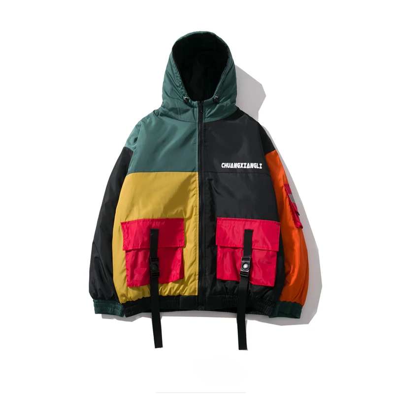 

2019 street hip hop Japanese Korean version of Harajuku color matching tooling quilted jacket coat men's clothing